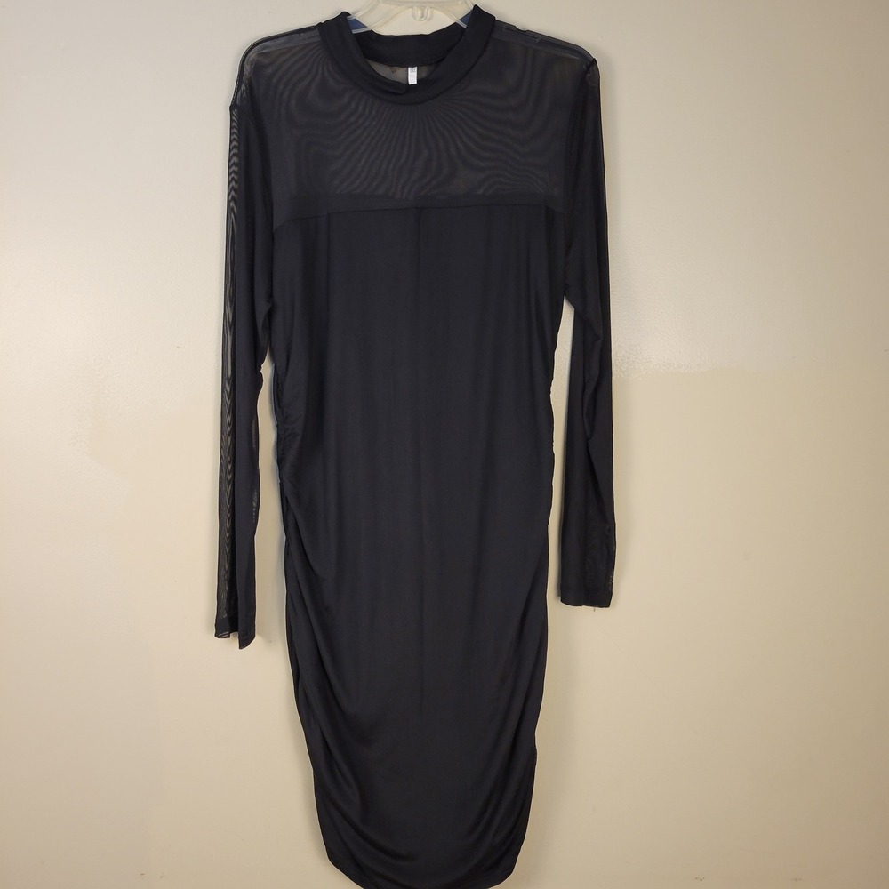Black Sheer Mesh Yoke Ruched Side Bodycon Midi Dress Plus Size‎ 2XL Mock Neck